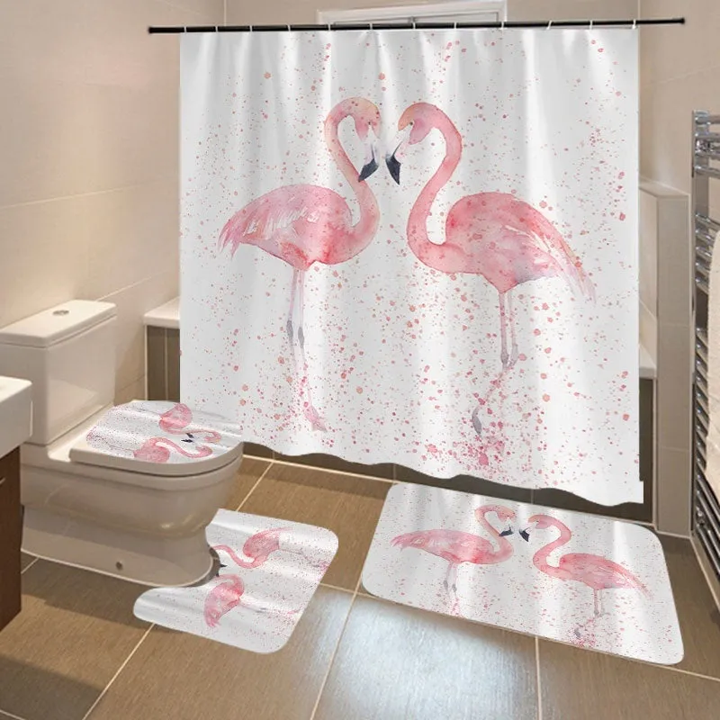 1/3/4Pcs 3D Flamingo Waterproof Shower Curtain Mildew proof Toilet Cover Non-slip Mat 3pcs Toilet Bathroom Decor