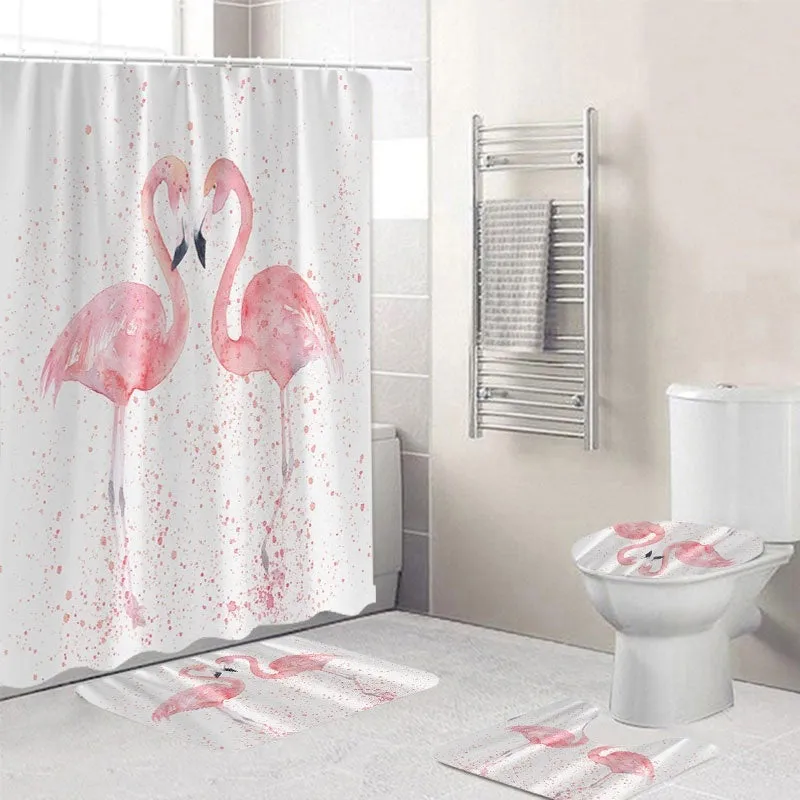 1/3/4Pcs 3D Flamingo Waterproof Shower Curtain Mildew proof Toilet Cover Non-slip Mat 3pcs Toilet Bathroom Decor