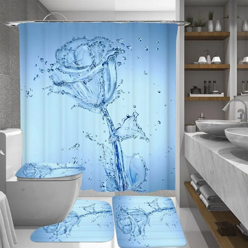 1/3/4Pcs 3D Printing Romantic Water Flower Waterproof Bathroom Shower Curtain Toilet Cover Mat Non-Slip Floor Mat Rug Bathroom Set with 12 Hooks