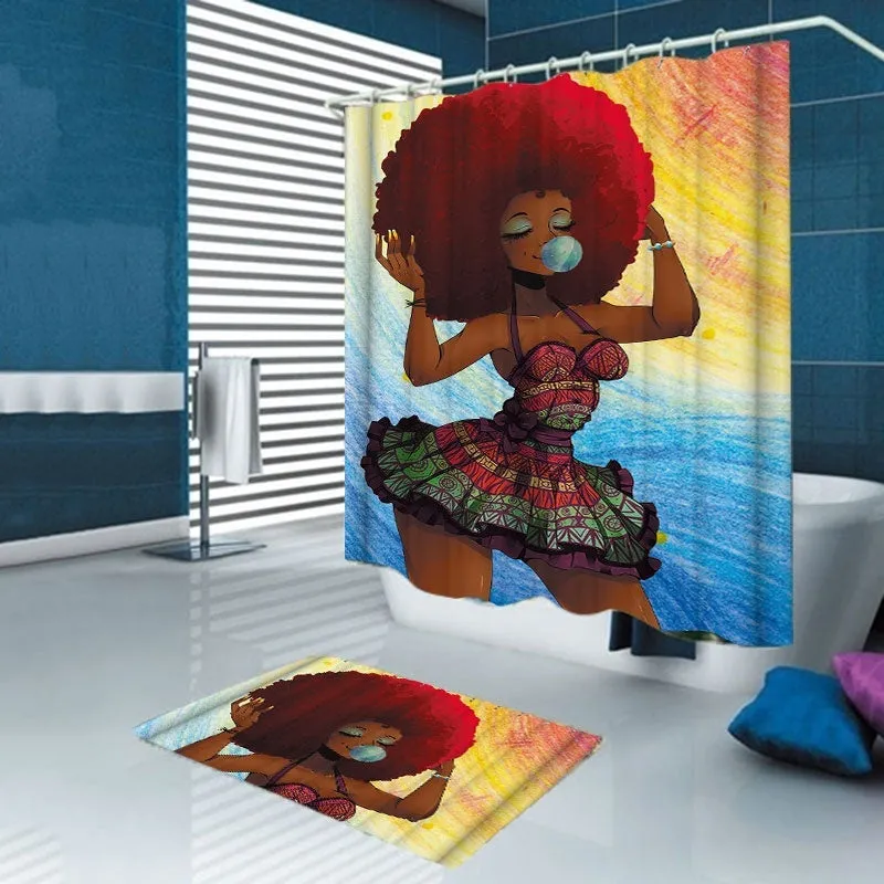 1/3/4Pcs African Fashion Girl Waterproof Bathroom Shower Curtain Toilet Cover Mat Non-Slip Rug Set