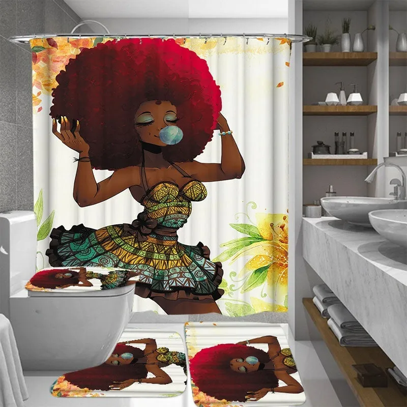 1/3/4Pcs African Fashion Girl Waterproof Bathroom Shower Curtain Toilet Cover Mat Non-Slip Rug Set