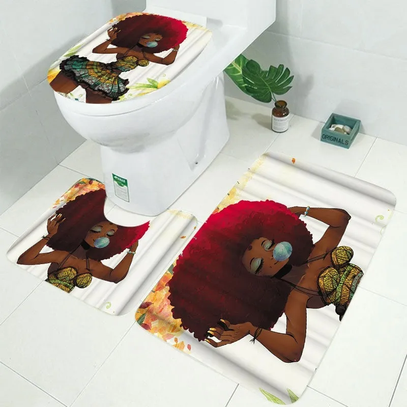 1/3/4Pcs African Fashion Girl Waterproof Bathroom Shower Curtain Toilet Cover Mat Non-Slip Rug Set