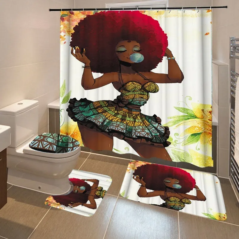 1/3/4Pcs African Fashion Girl Waterproof Bathroom Shower Curtain Toilet Cover Mat Non-Slip Rug Set