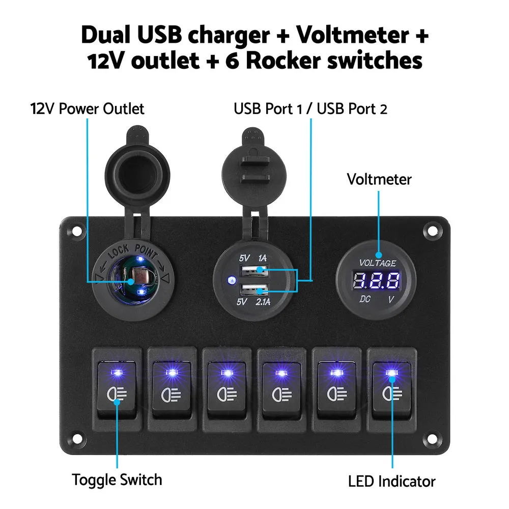 6 LED Rocker Switch Panel w/ USB, Voltage Monitoring - Giantz