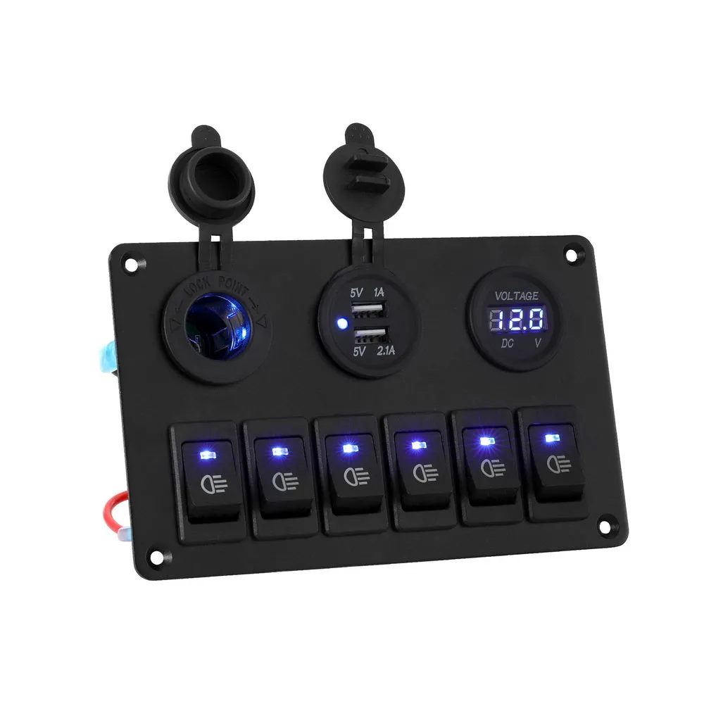 6 LED Rocker Switch Panel w/ USB, Voltage Monitoring - Giantz