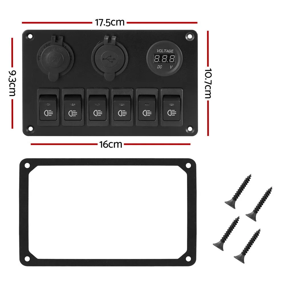 6 LED Rocker Switch Panel w/ USB, Voltage Monitoring - Giantz