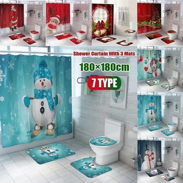 7 Styles Bathroom Non-Slip Santa Father Snow Snowman Christmas Style Decor-Pedestal Rug Lid Toilet Cover Bath Mat Shower Curtain Bathroom Decoration Set