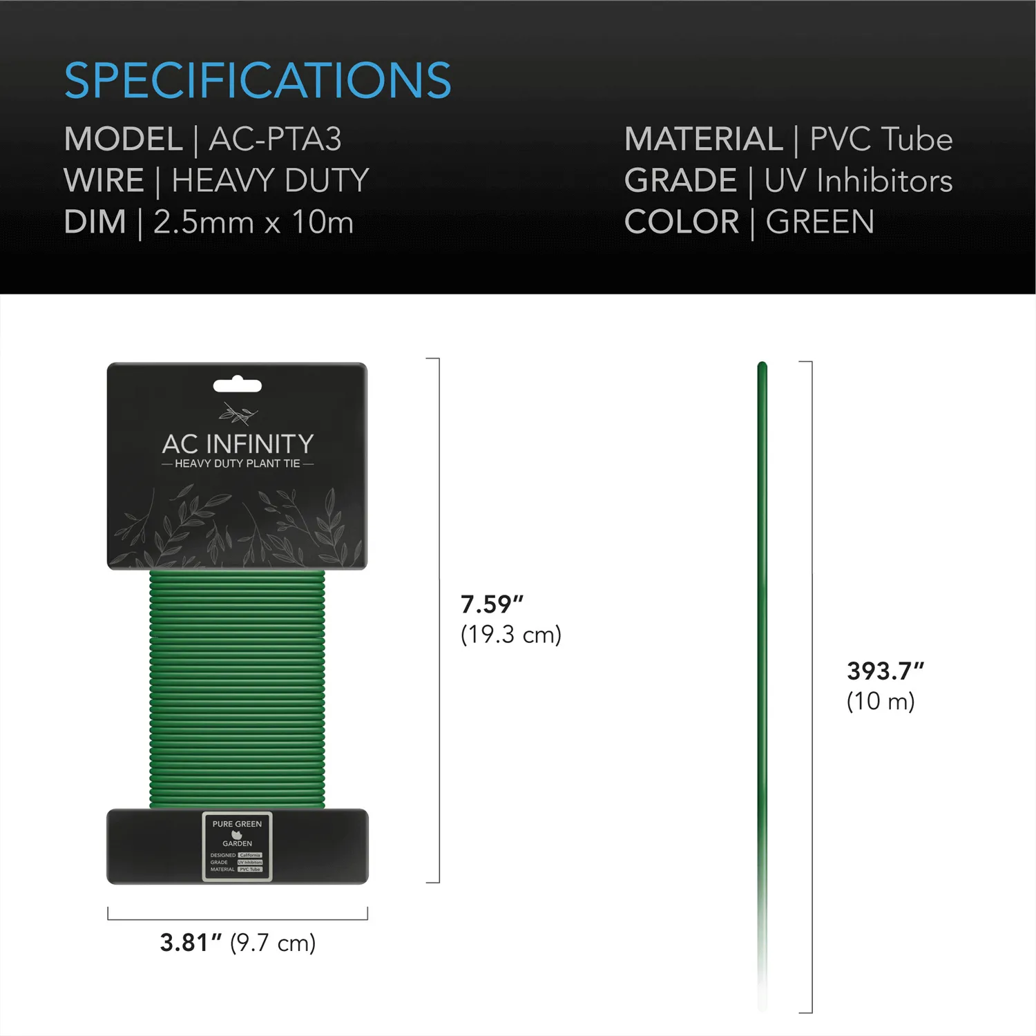 AC Infinity Heavy-Duty Twist Ties, Thin Rubberized Texture, 10m