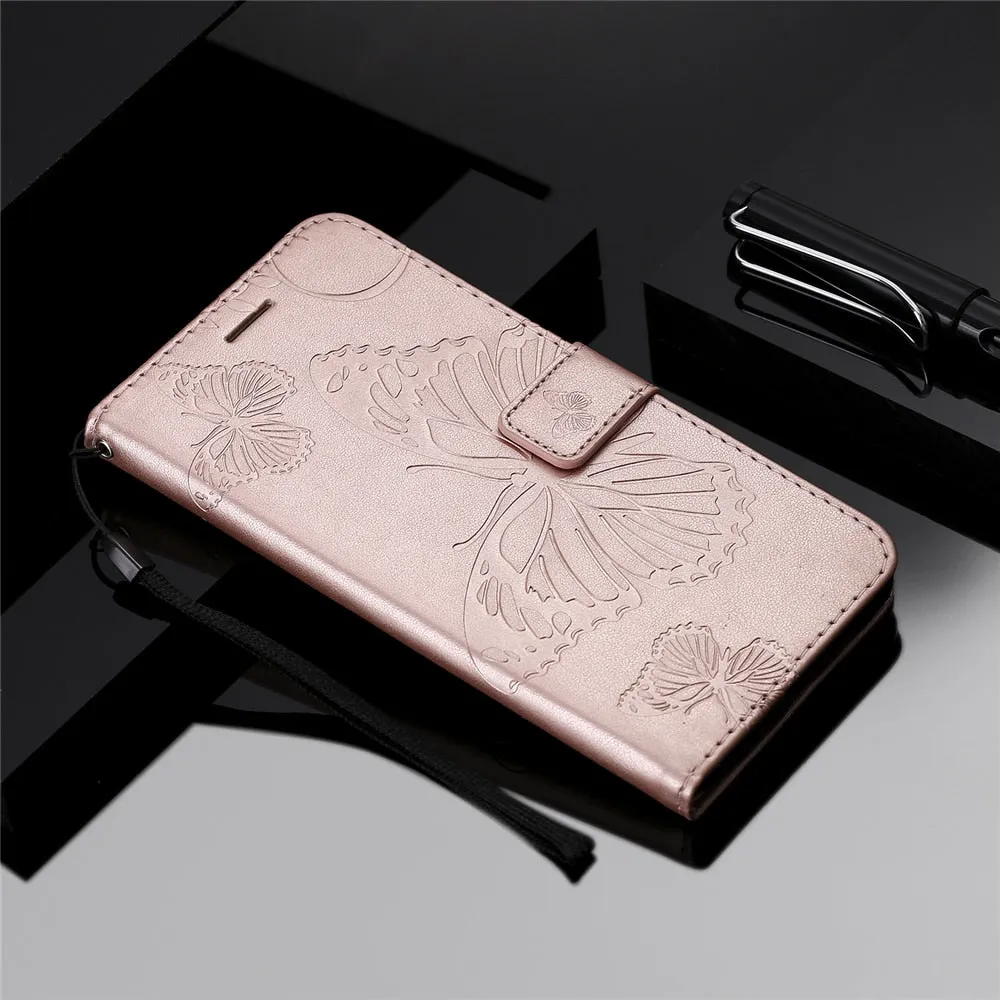 Anymob Huawei Pink Leather Phone Case Butterfly Flip Wallet Cover Protection