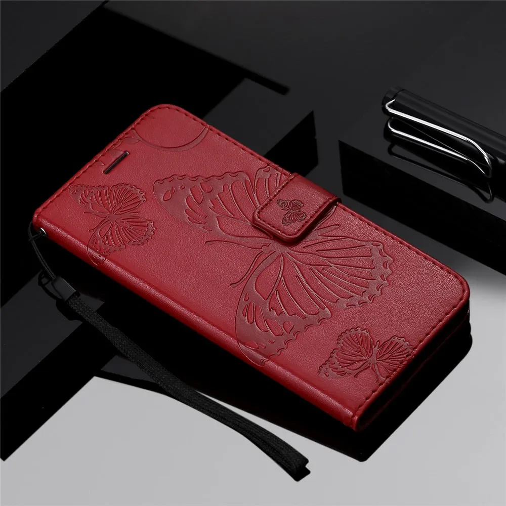 Anymob Huawei Red Leather Phone Case Butterfly Flip Wallet Cover Protection