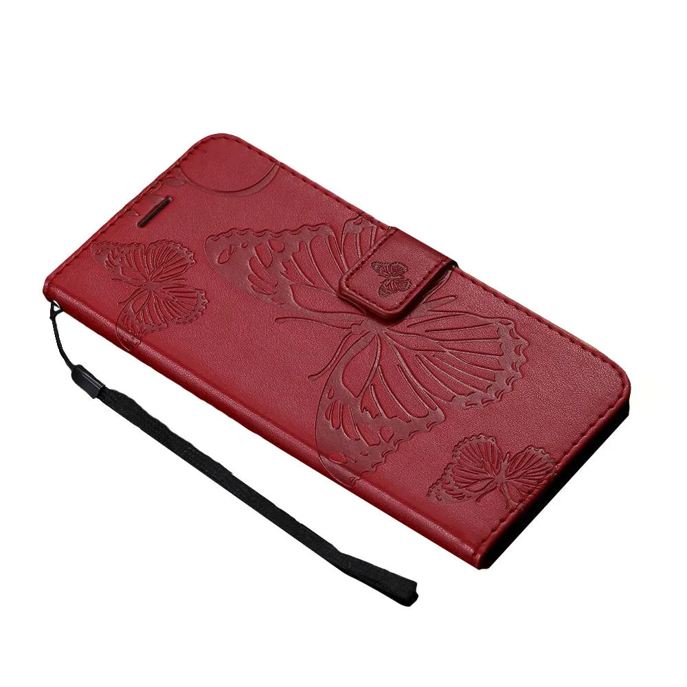 Anymob Huawei Red Leather Phone Case Butterfly Flip Wallet Cover Protection