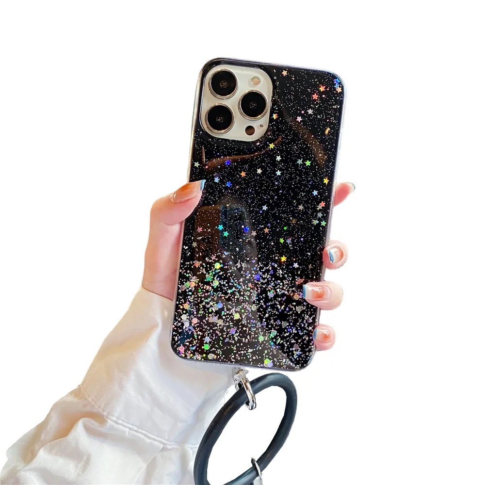 Anymob iPhone Black Clear Glitter Phone Case Pendant Wristband Chain Cover