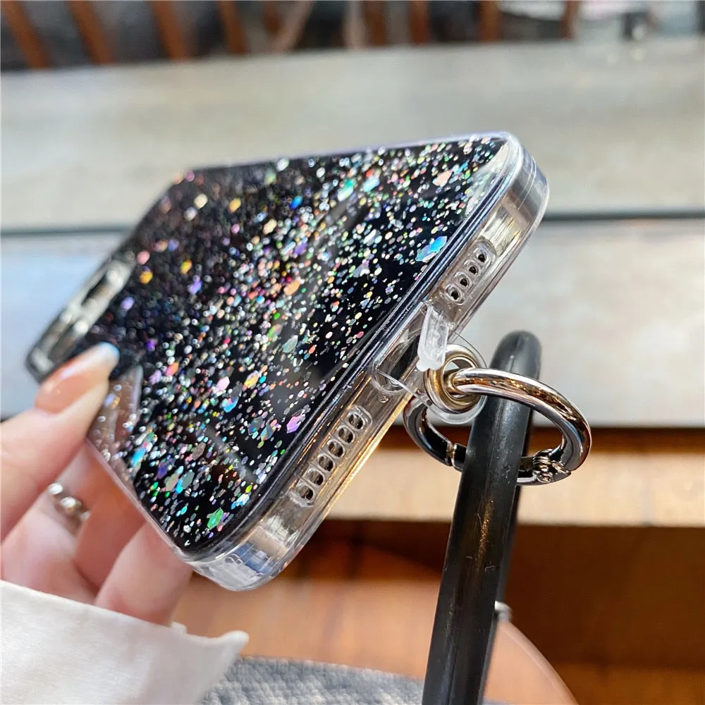 Anymob iPhone Black Clear Glitter Phone Case Pendant Wristband Chain Cover