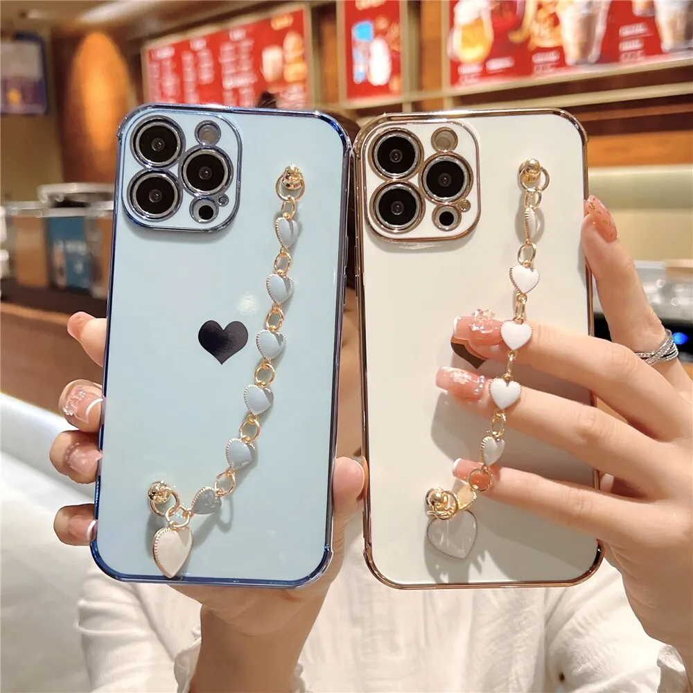 Anymob iPhone Blue Wrist Chain Soft Silicone Case Love Heart Side Pattern Plating Phone Cover