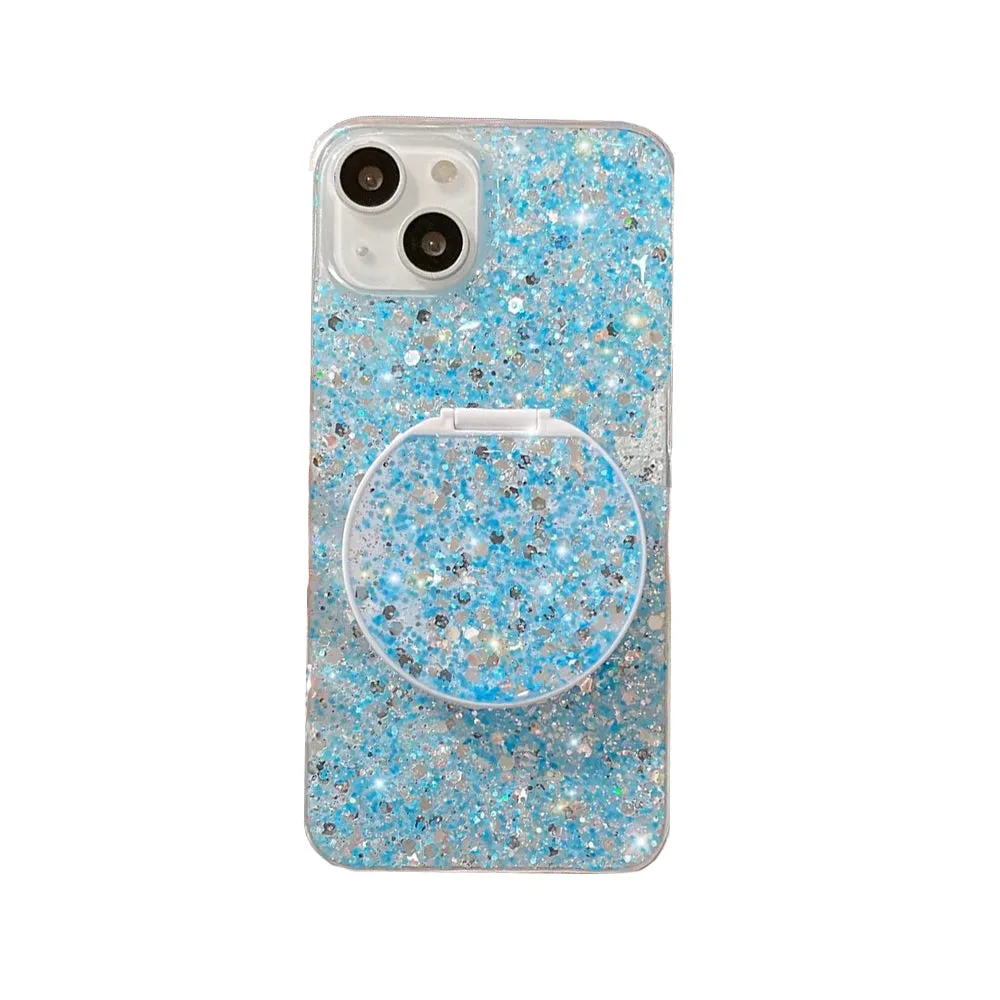 Anymob iPhone Case Blue Mirror Holder Gradient Glitter Soft Silicon Phone Back Cover