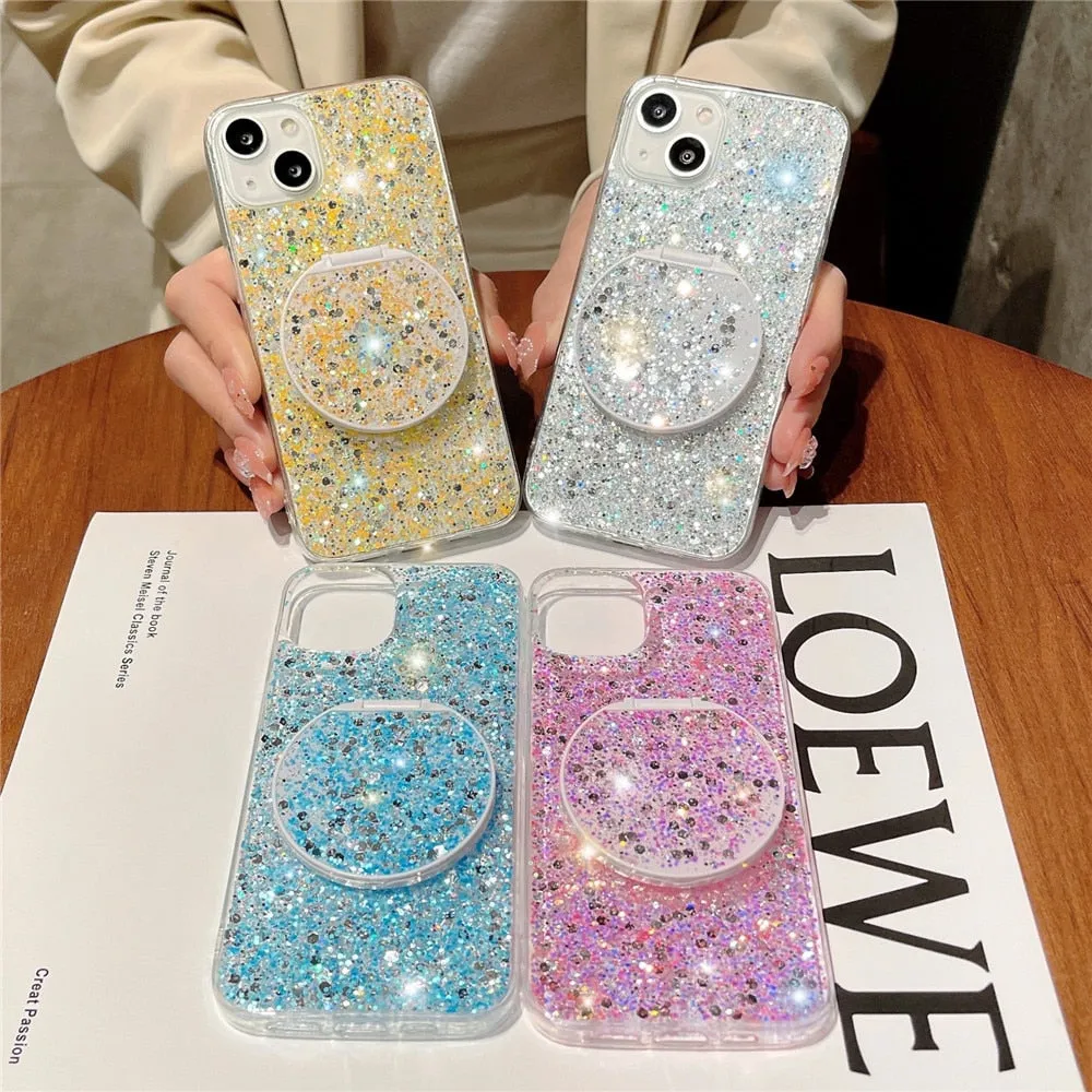 Anymob iPhone Case Blue Mirror Holder Gradient Glitter Soft Silicon Phone Back Cover