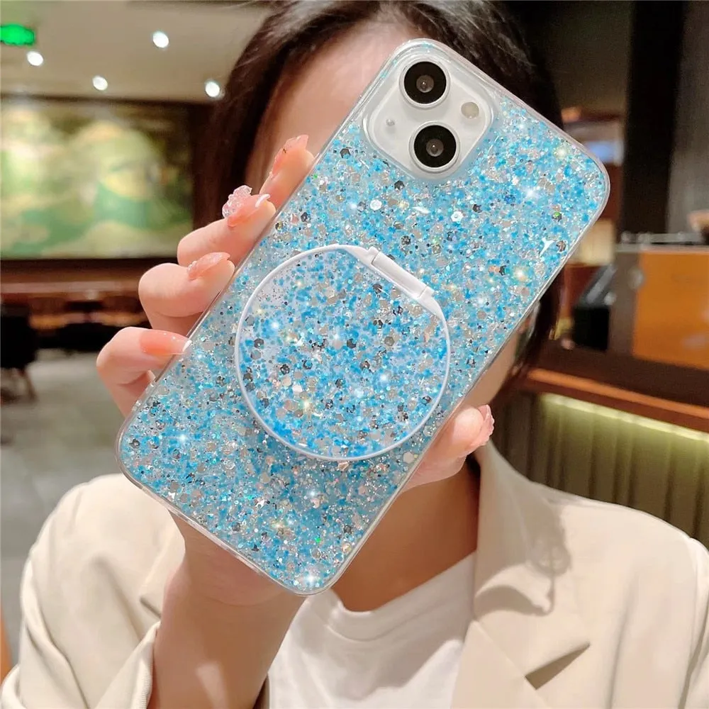 Anymob iPhone Case Blue Mirror Holder Gradient Glitter Soft Silicon Phone Back Cover