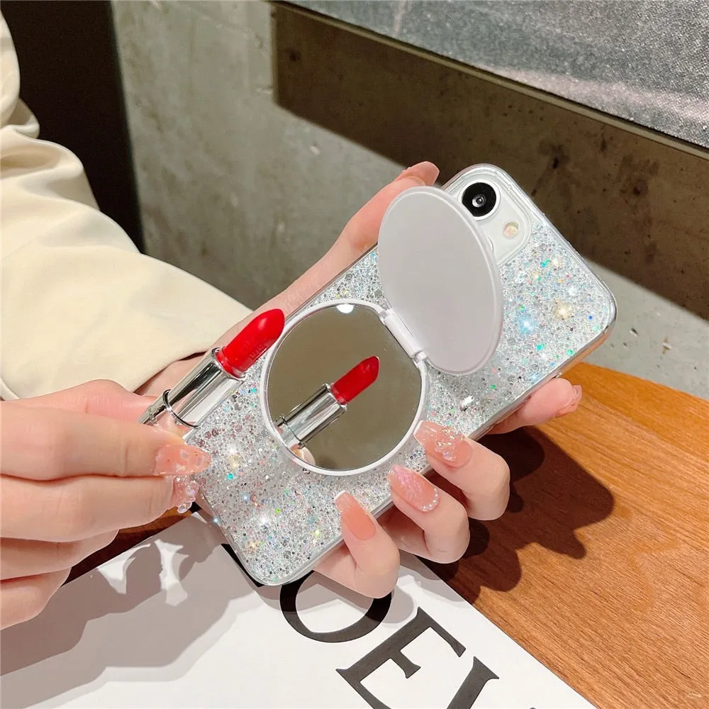 Anymob iPhone Case Blue Mirror Holder Gradient Glitter Soft Silicon Phone Back Cover