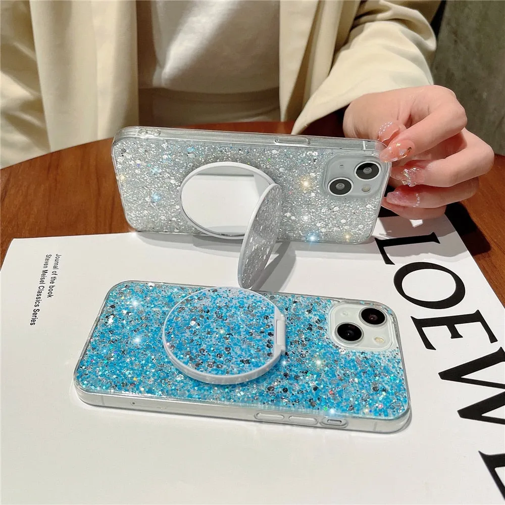 Anymob iPhone Case Blue Mirror Holder Gradient Glitter Soft Silicon Phone Back Cover