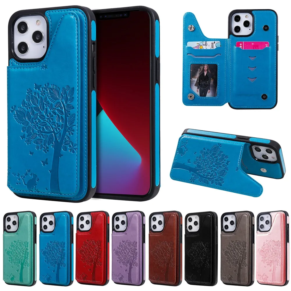 Anymob iPhone Case Mint Green 3D Tree Cat Leather Flip Wallet Cover