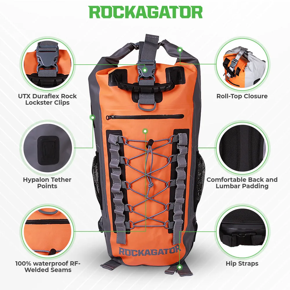 BUNDLE SPECIAL Rockagator Hydric Series 40 Liter Sunset Orange Waterproof Backpack & 2 DRY BAGS