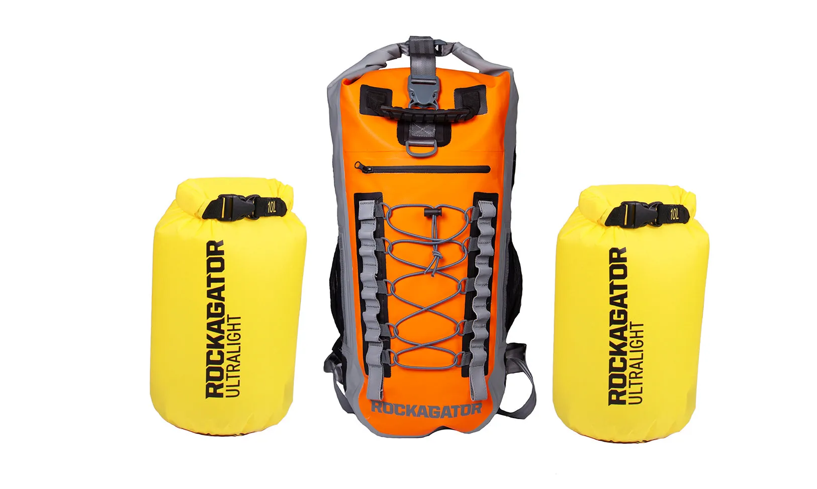 BUNDLE SPECIAL Rockagator Hydric Series 40 Liter Sunset Orange Waterproof Backpack & 2 DRY BAGS