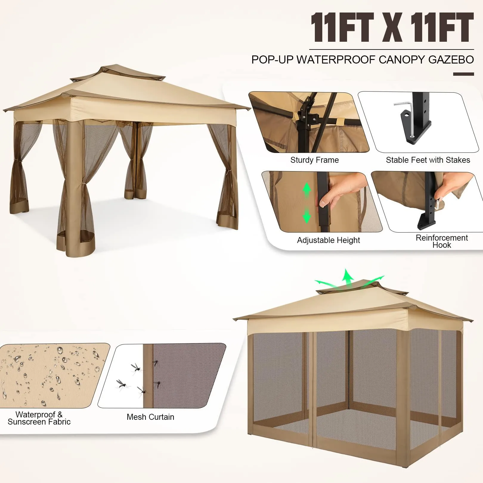 COBIZI Double Top Gazebo Waterproof Canopy 10'x10' with Gauze Sidewall