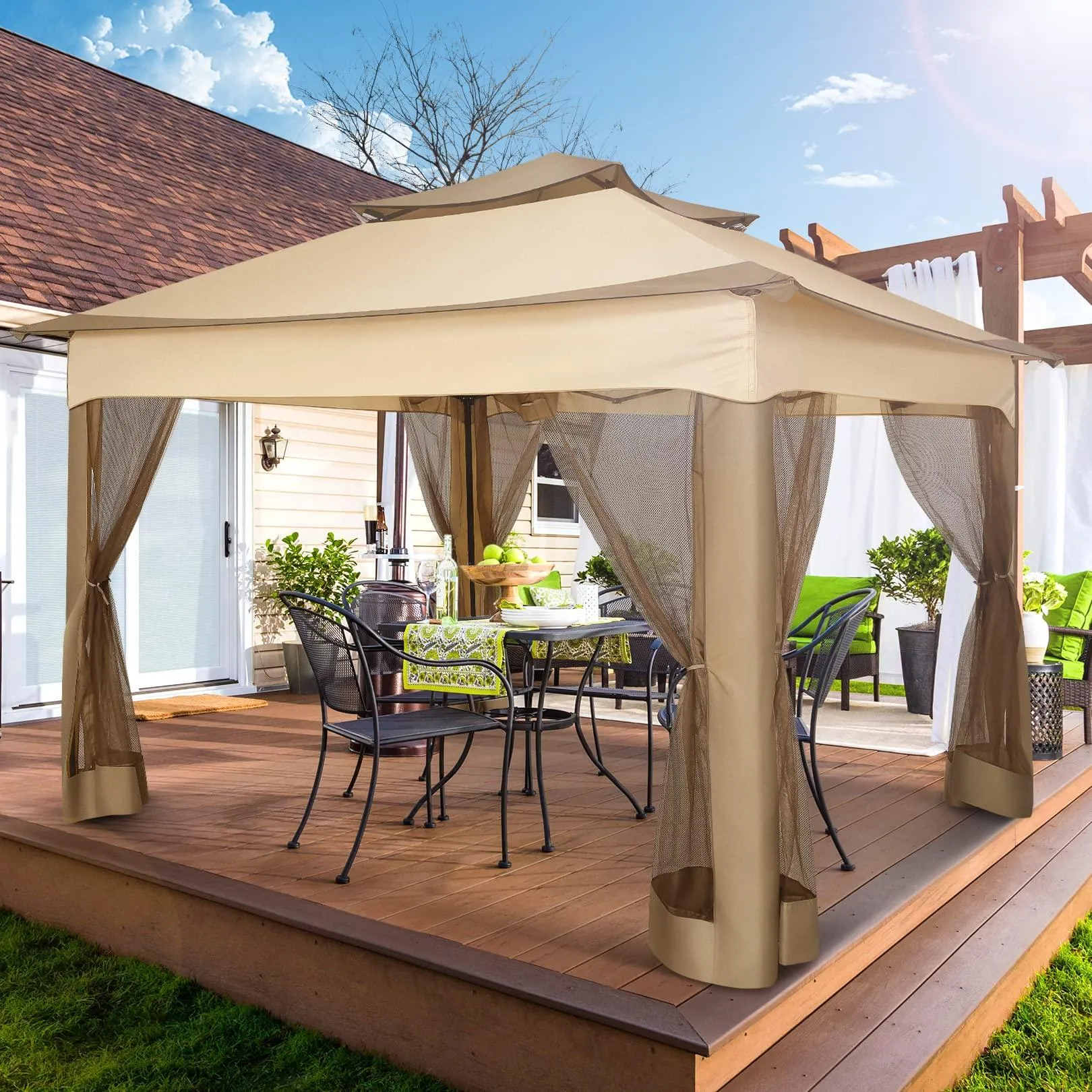 COBIZI Double Top Gazebo Waterproof Canopy 10'x10' with Gauze Sidewall