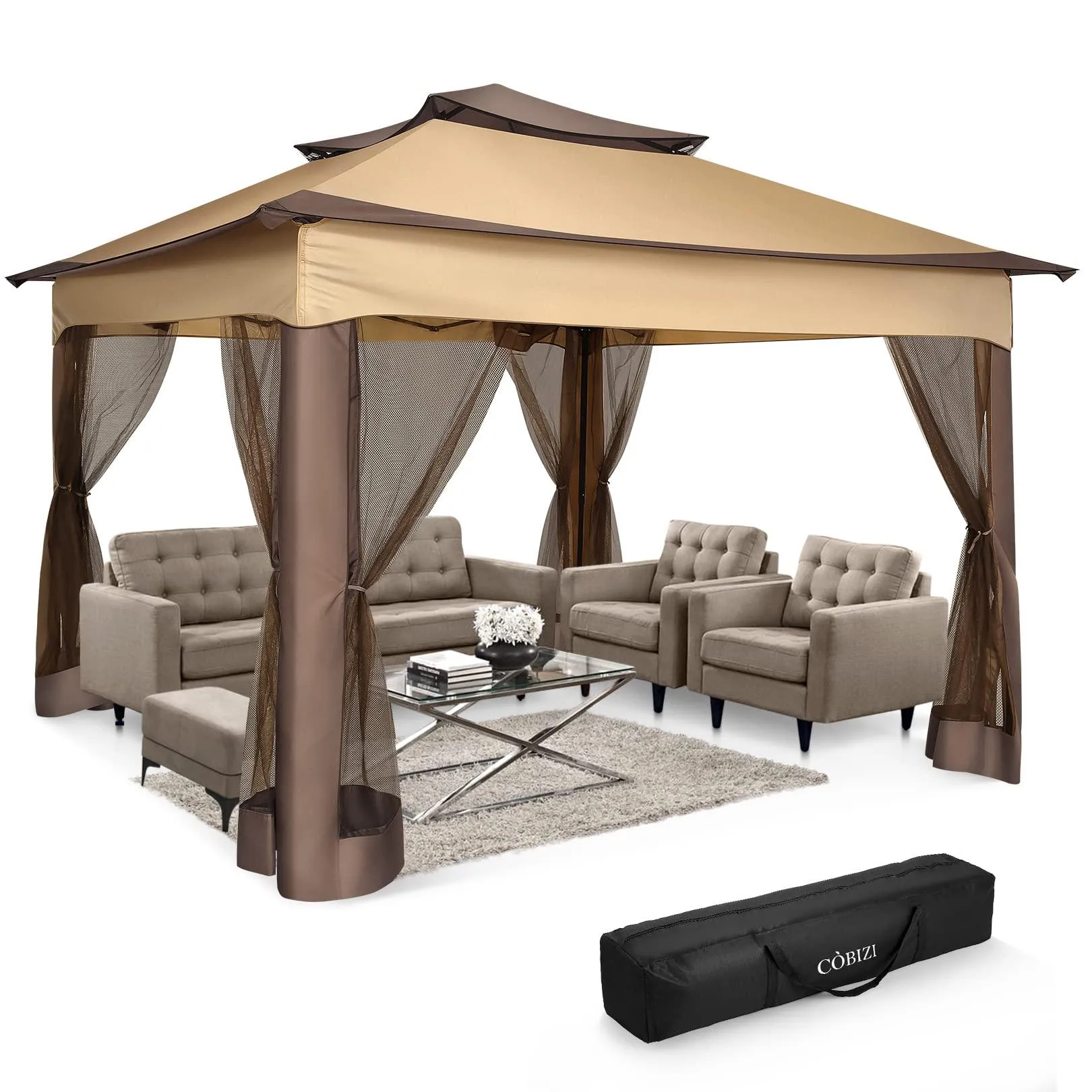 COBIZI Double Top Gazebo Waterproof Canopy 10'x10' with Gauze Sidewall