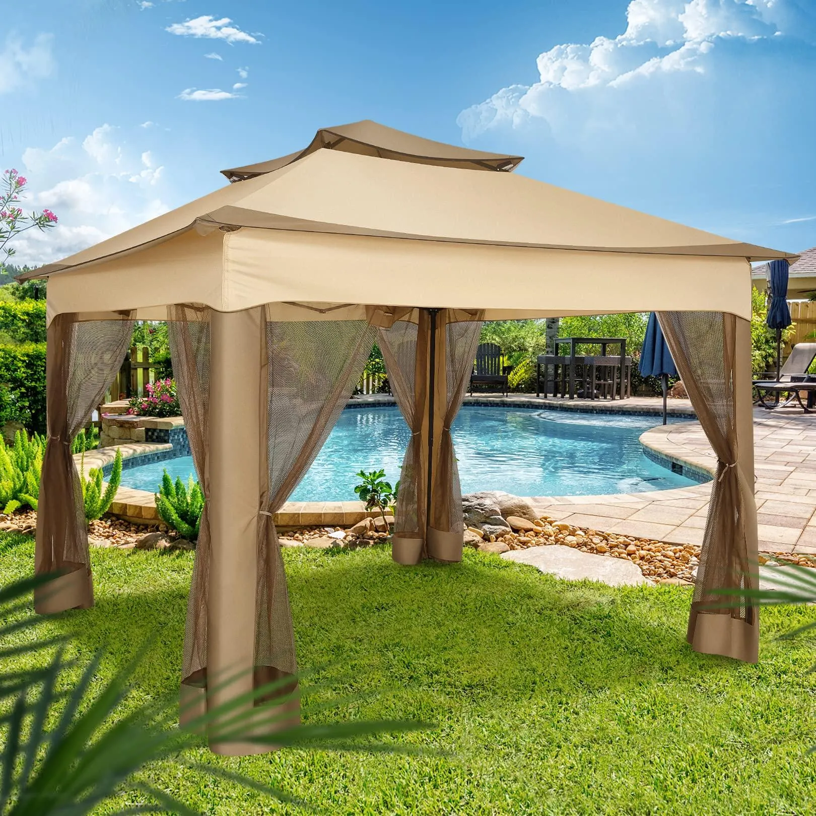 COBIZI Double Top Gazebo Waterproof Canopy 10'x10' with Gauze Sidewall