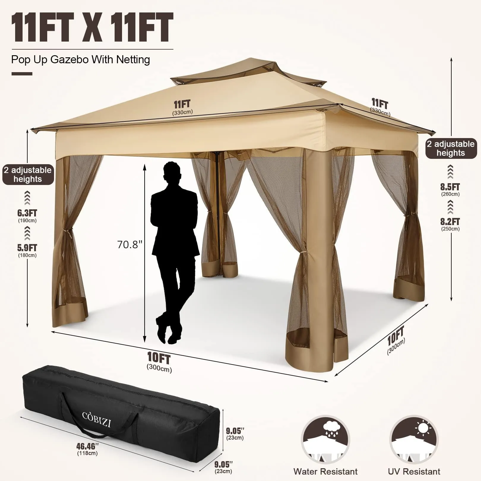 COBIZI Double Top Gazebo Waterproof Canopy 10'x10' with Gauze Sidewall