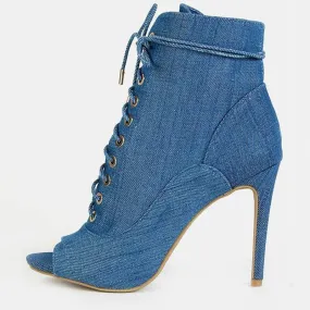 Denim Strap Peep Toe High Heel Ankle Boots