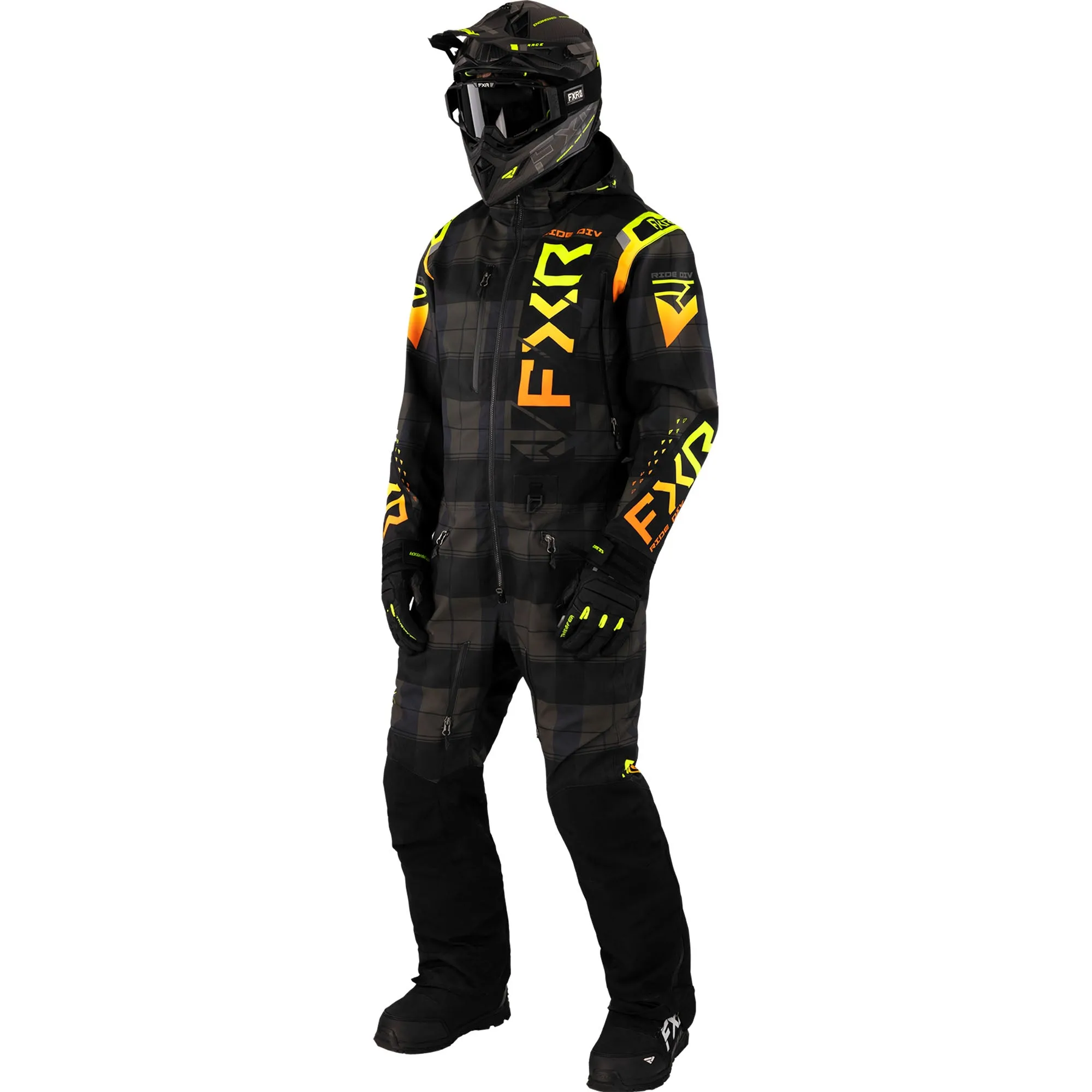 FXR Helium Insulated Snowmobile Monosuit Black Plaid/Inferno