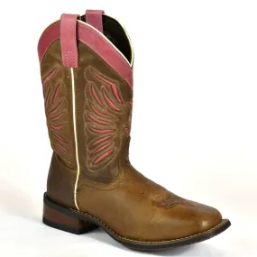 Laredo Women's Western Boot-Square Toe-Brown Leather-Mauve Trim Boots 4-78