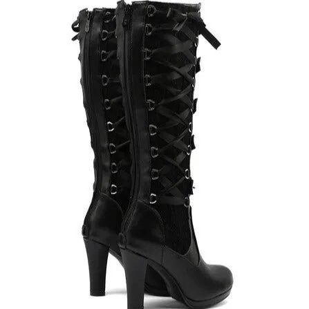 Sexy black chunky high heels bandage lace-up punk goth buckle straps boots