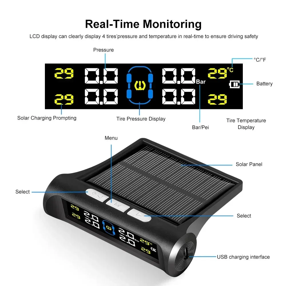 Solar Power TPMS Car Tire Pressure Alarm Monitor System