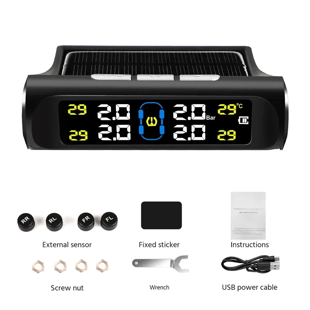 Solar Power TPMS Car Tire Pressure Alarm Monitor System