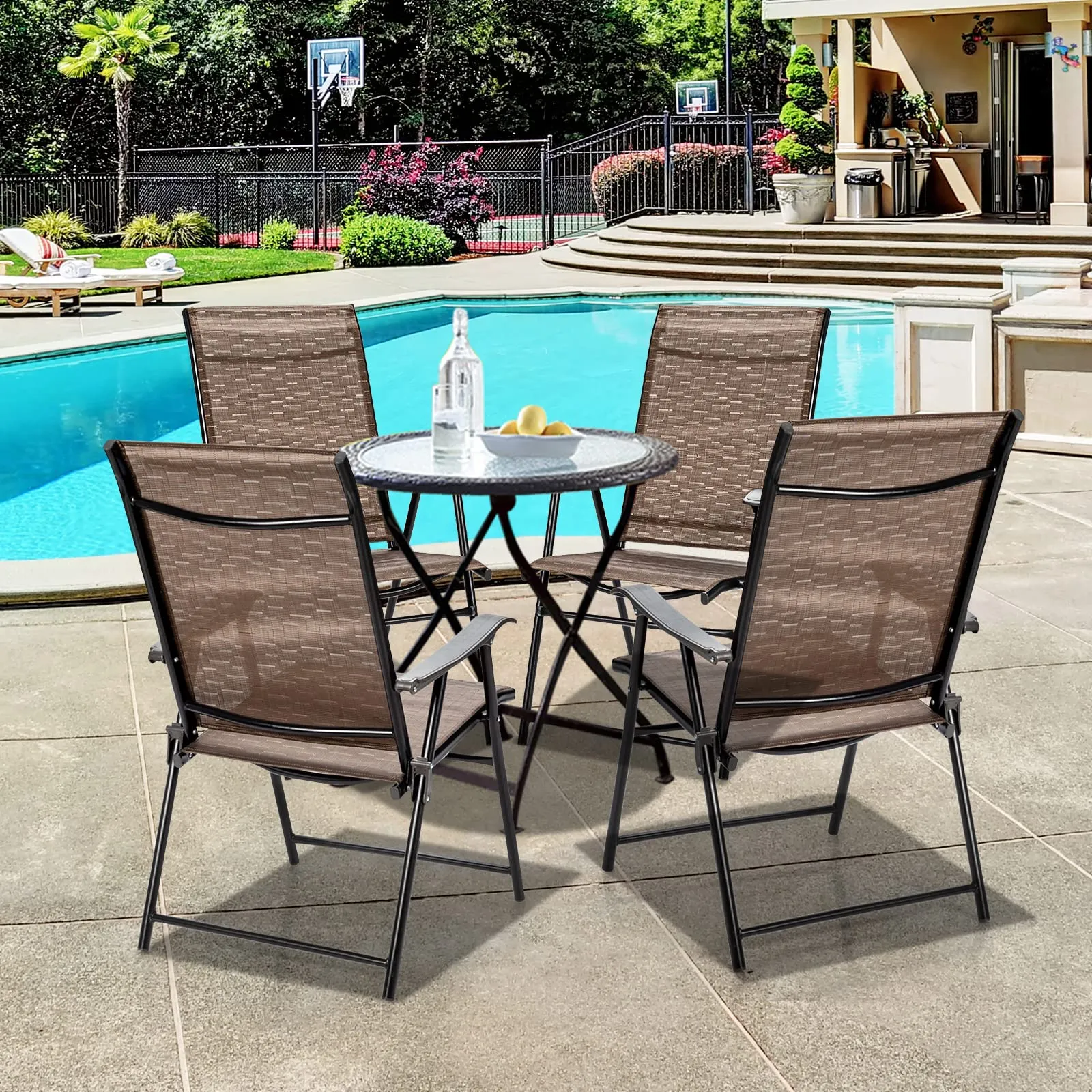 Tangkula 4 Pcs Outdoor Patio Chair, Space Saving Stackable Portable Steel Frame Lawn Poolside Backyard