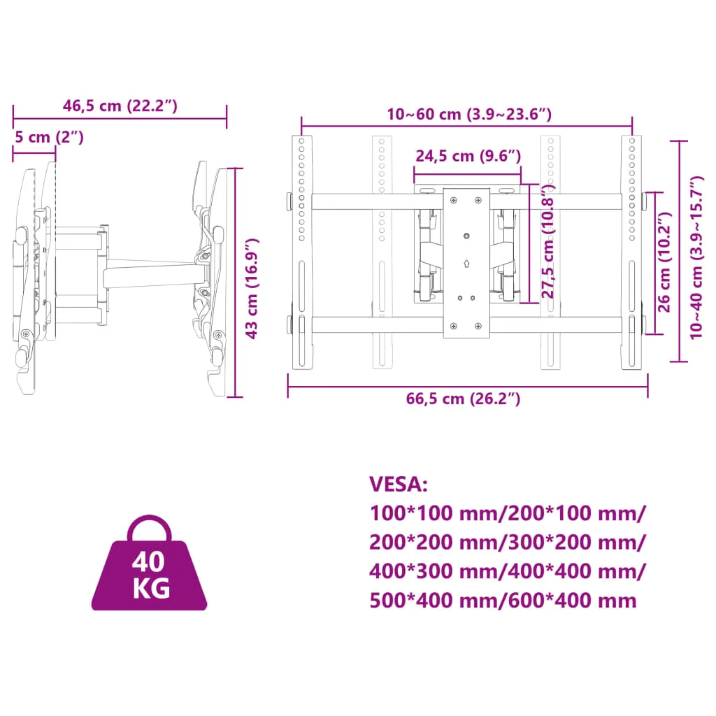 vidaXL TV Wall Mount for 37-80 Inch Screen Max VESA 600x400 mm 40kg