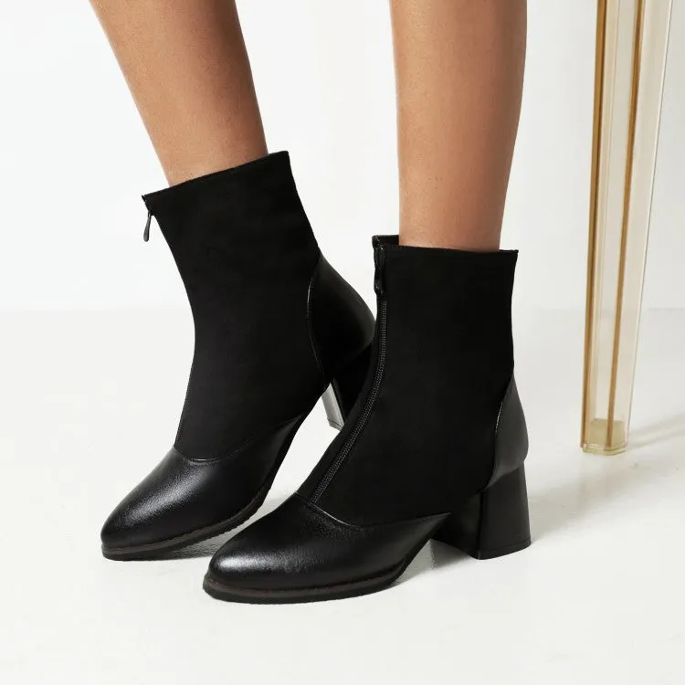 Women's Bicolor Pu Leather Zippers Block Heel Short Boots