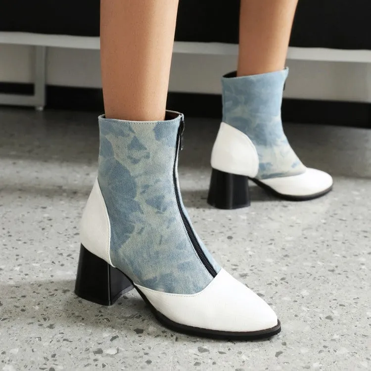 Women's Bicolor Pu Leather Zippers Block Heel Short Boots