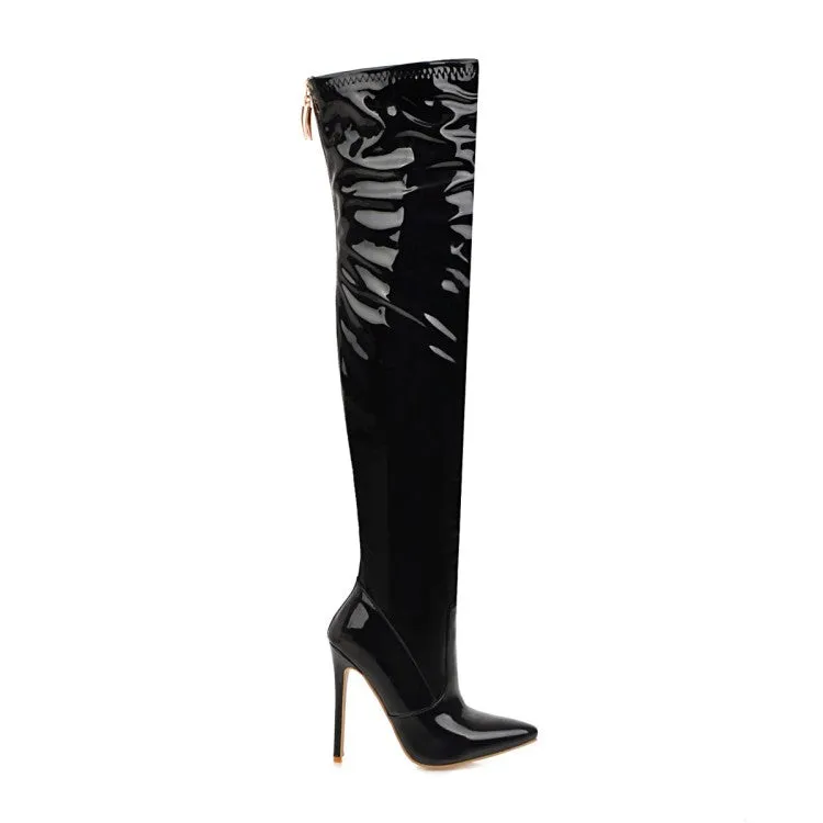 Women's Pu Leather Pointed Toe Stitching Back Zippers Stiletto Heel Over the Knee Boots