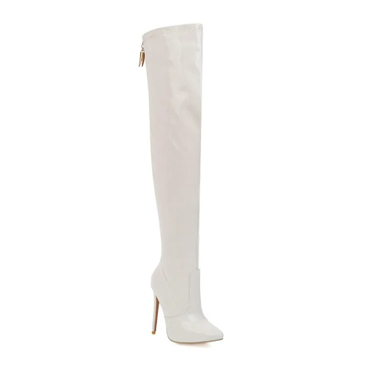 Women's Pu Leather Pointed Toe Stitching Back Zippers Stiletto Heel Over the Knee Boots