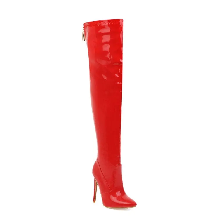 Women's Pu Leather Pointed Toe Stitching Back Zippers Stiletto Heel Over the Knee Boots