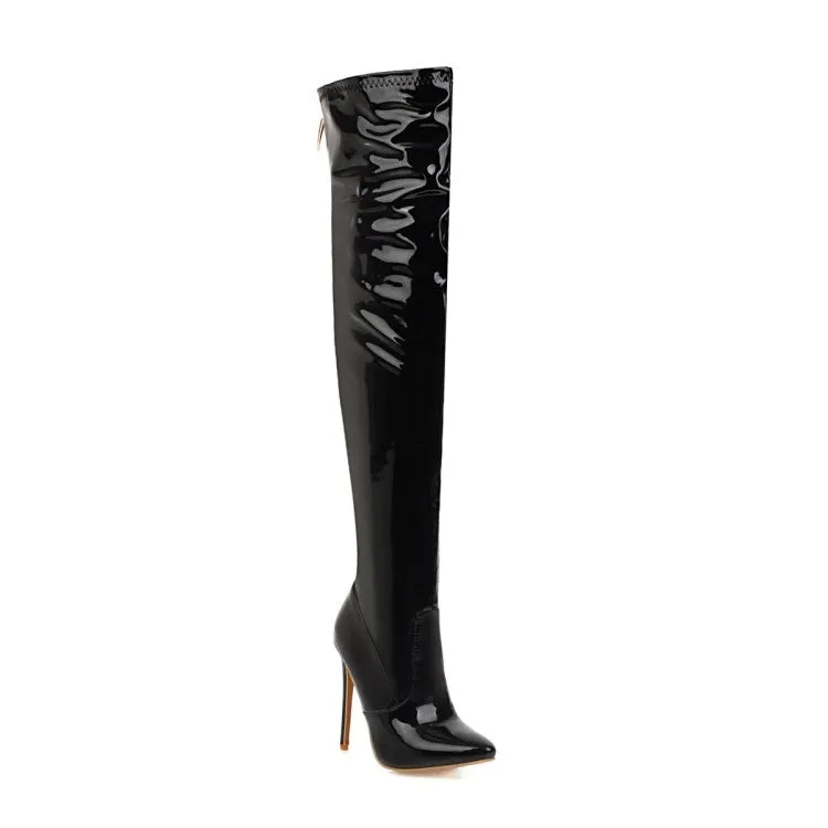 Women's Pu Leather Pointed Toe Stitching Back Zippers Stiletto Heel Over the Knee Boots