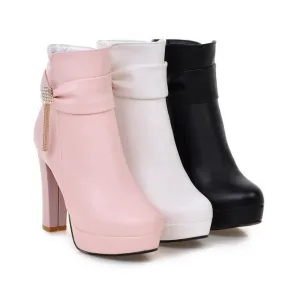 Women's Pu Leather Rhinestone Tassel Chunky Heel Platform Ankle Boots